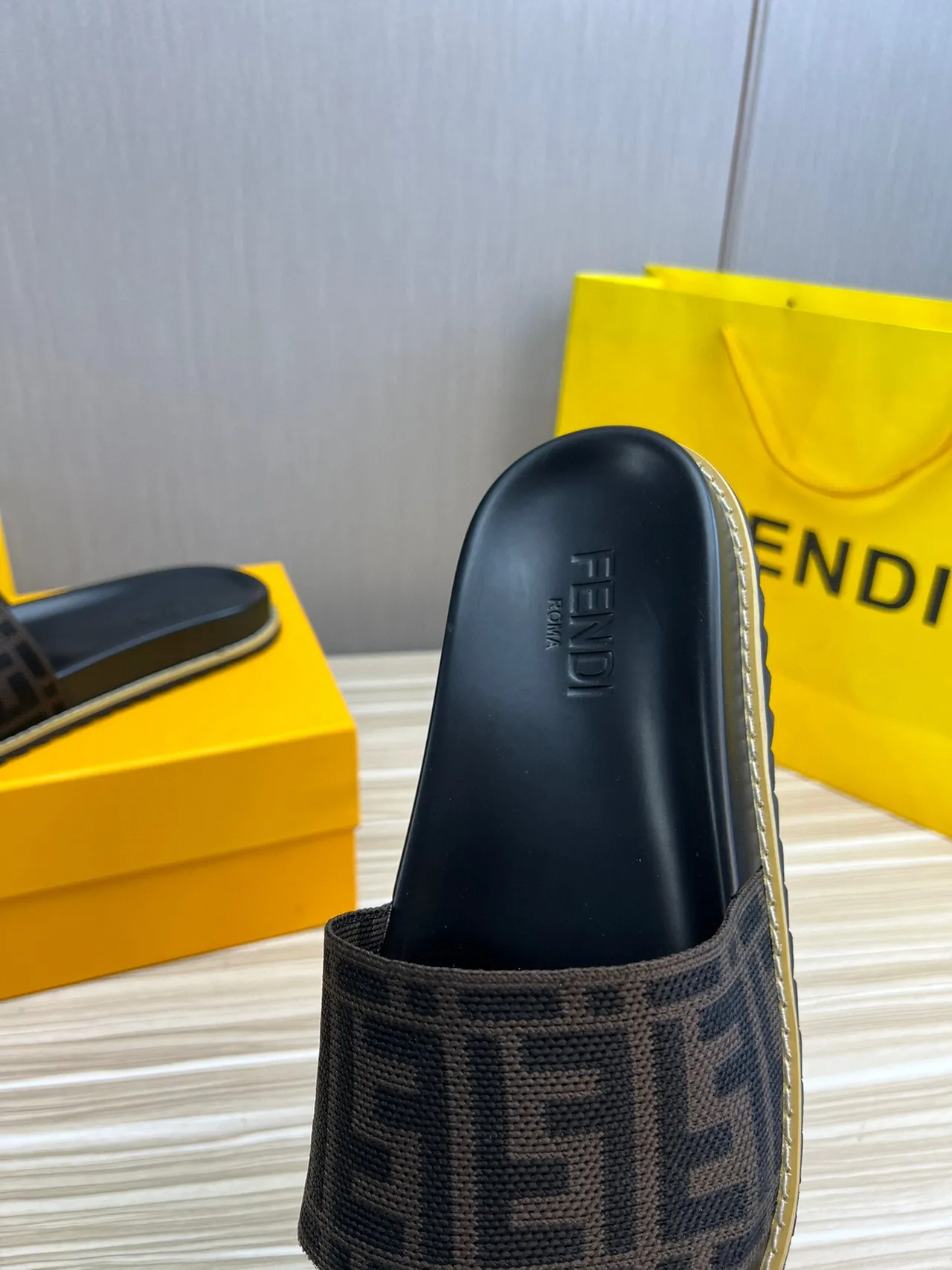 Fendi FF Logo Woven Strap Black and Brown Slide Slippers 7