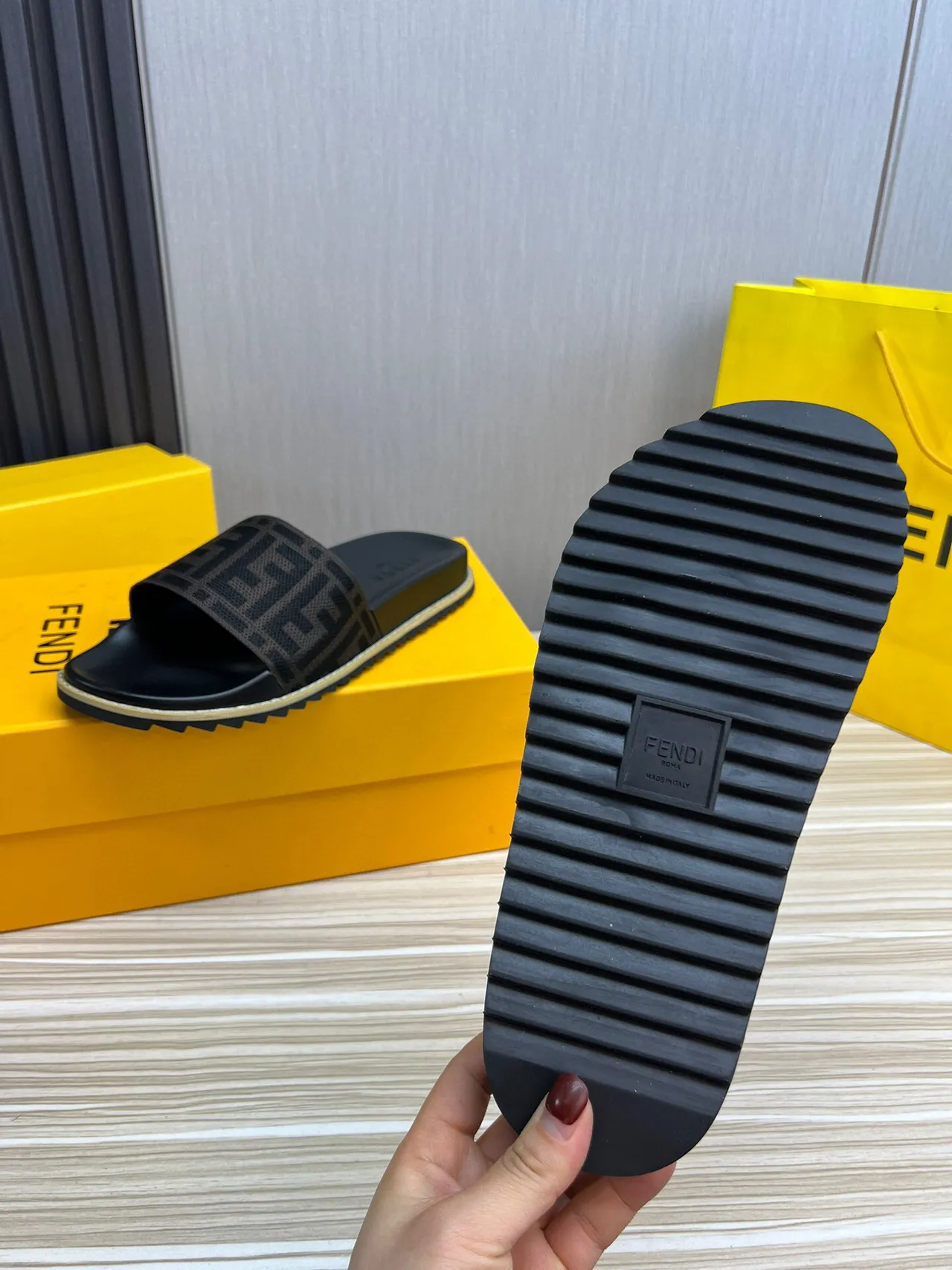 Fendi FF Logo Woven Strap Black and Brown Slide Slippers 8