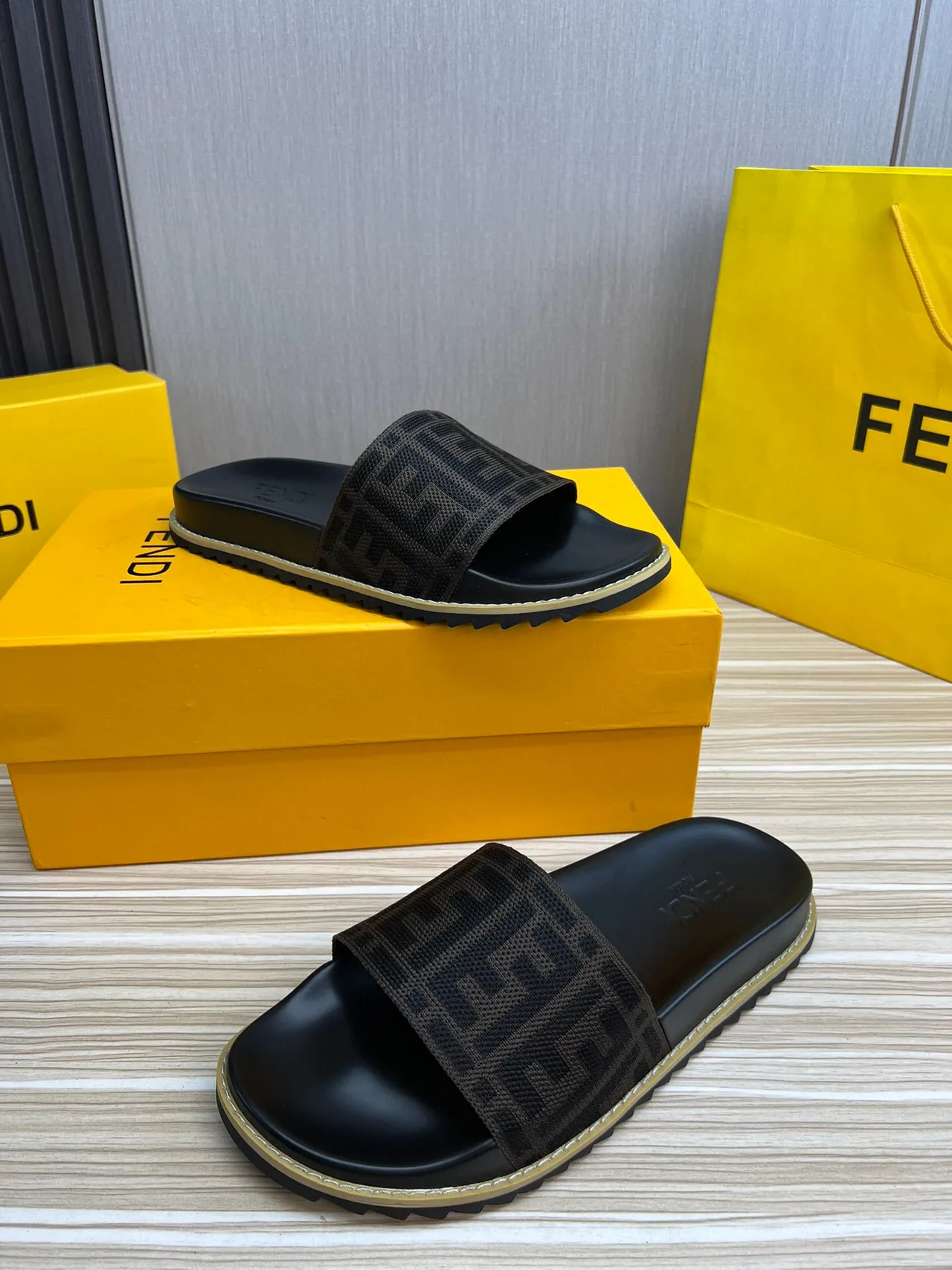 Fendi FF Logo Woven Strap Black and Brown Slide Slippers 9
