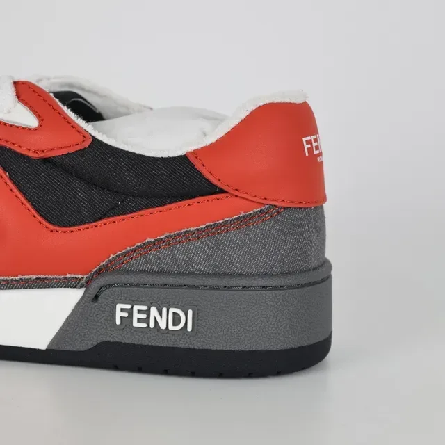 Fendi लाल ग्रे Oversized FF लोगो डेनिम-टेक्सचर्ड पैनल लाइफस्टाइल स्नीकर्स 4
