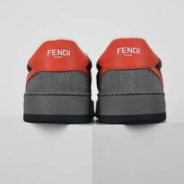 Fendi लाल ग्रे Oversized FF लोगो डेनिम-टेक्सचर्ड पैनल लाइफस्टाइल स्नीकर्स 8