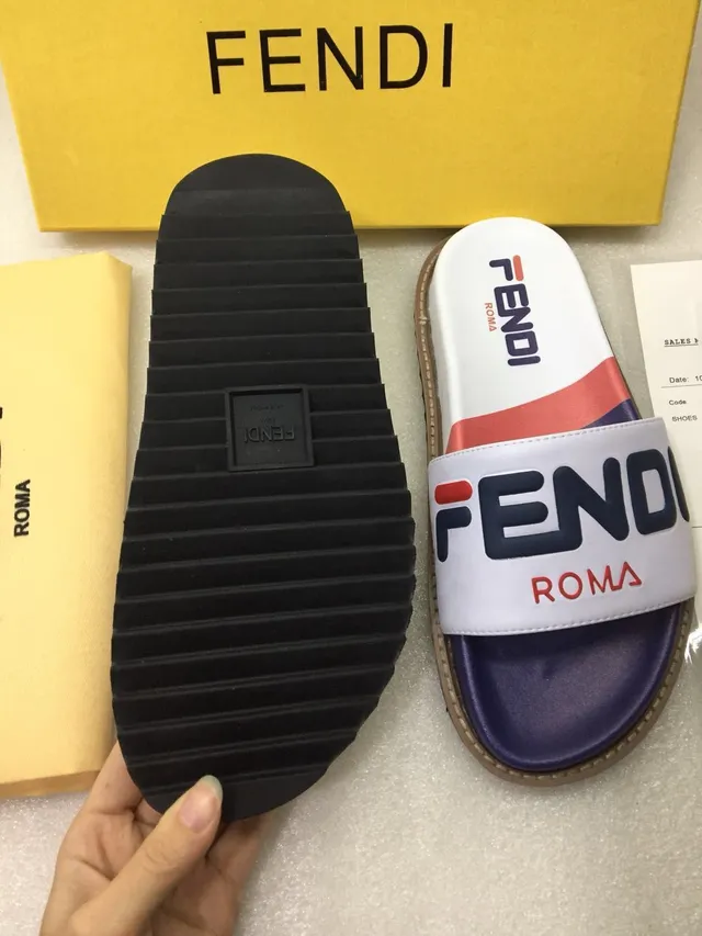 Fendi Slide सफेद नेवी लाल Logo-Print स्लिपर्स 4