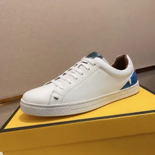 Fendi White Blue Leather Upper Croc-Embossed Accent Panels Sneakers