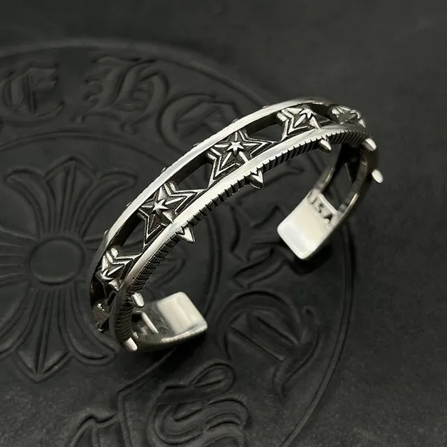 Antiqued Silver Star-Embossed Spiked Cuff Bracelet 4