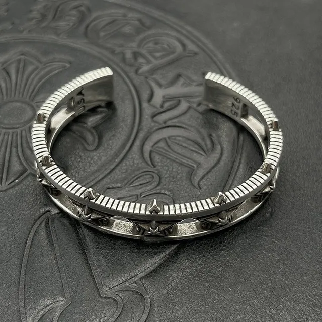 Antiqued Silver Star-Embossed Spiked Cuff Bracelet 5