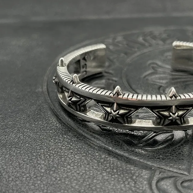 Antiqued Silver Star-Embossed Spiked Cuff Bracelet 7