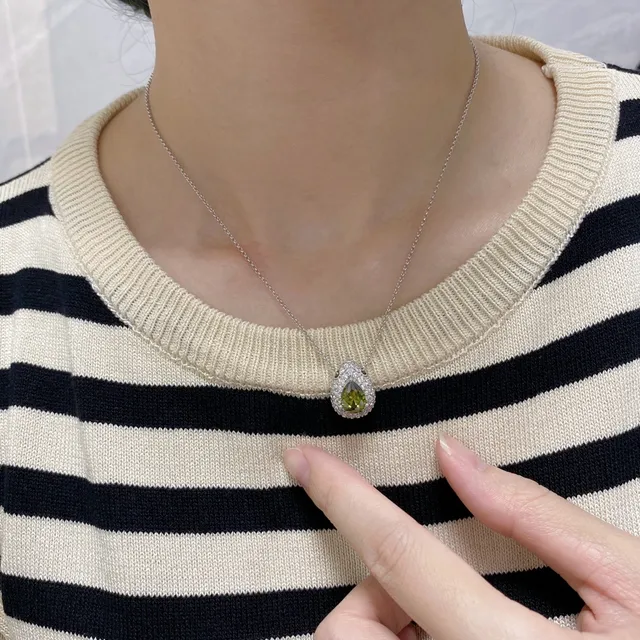 apm Monaco Silver Green Teardrop Pendant Pavé Halo Necklace 3