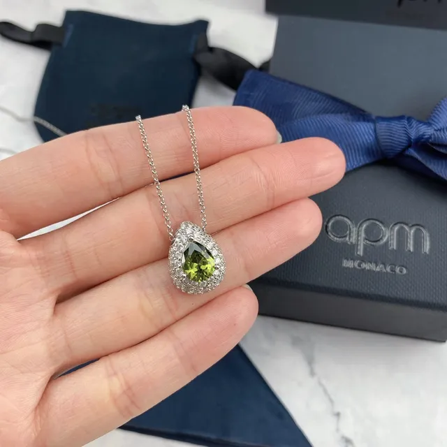 apm Monaco Silver Green Teardrop Pendant Pavé Halo Necklace 5
