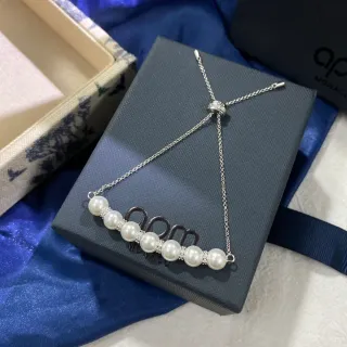 APM Monaco White Silver Y-Shaped Chain Pearl Bar Pendant Necklace