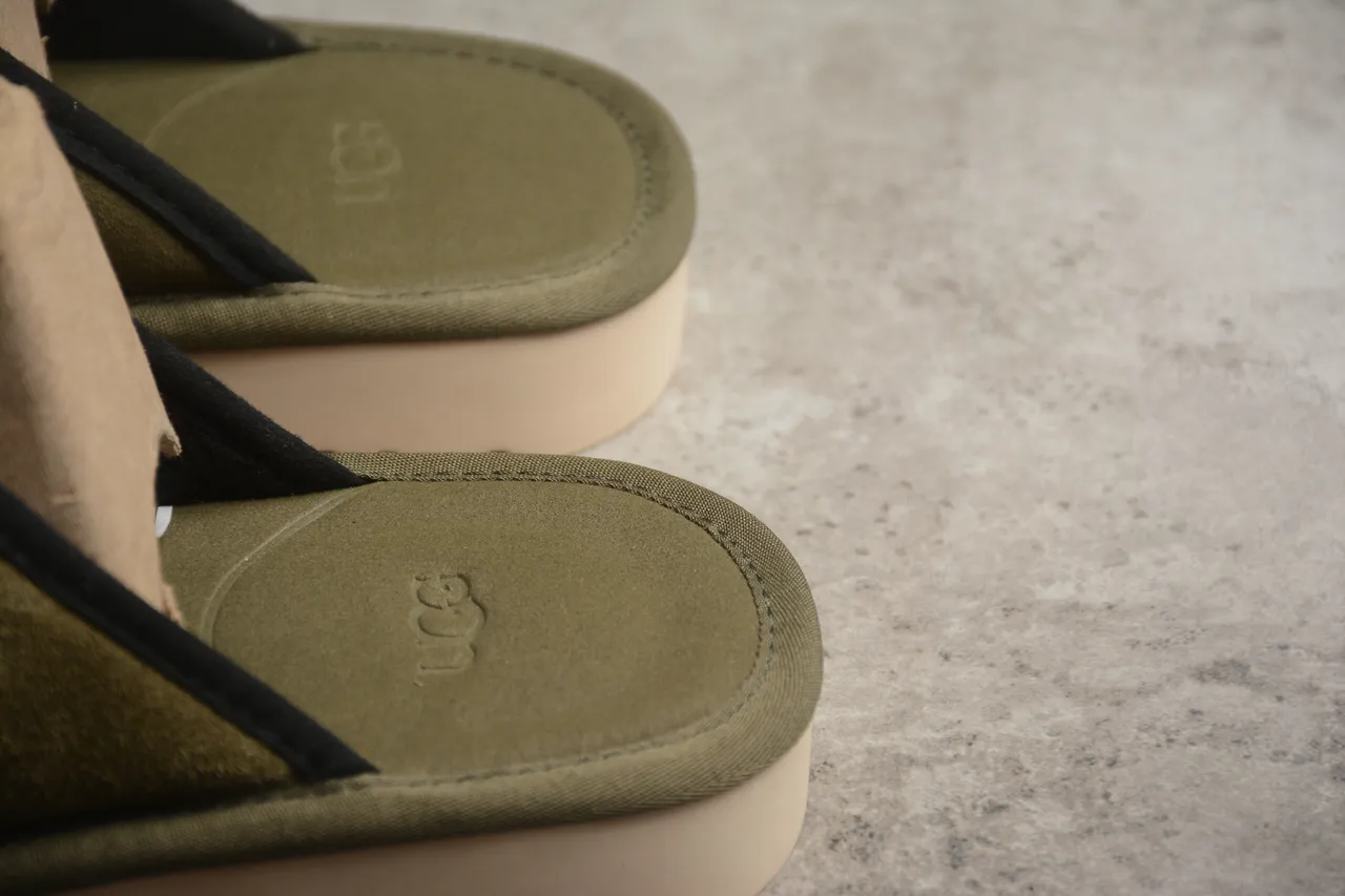 Army Green Beige Olive Suede Upper Black-Trimmed Strap Slippers 5
