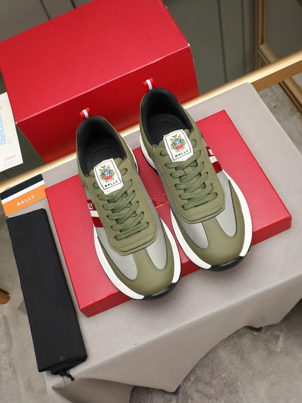 Bally Army Green Red Olive Leather-Mesh Hybrid Upper Branded Stripe Lifestyle Sneakers 2