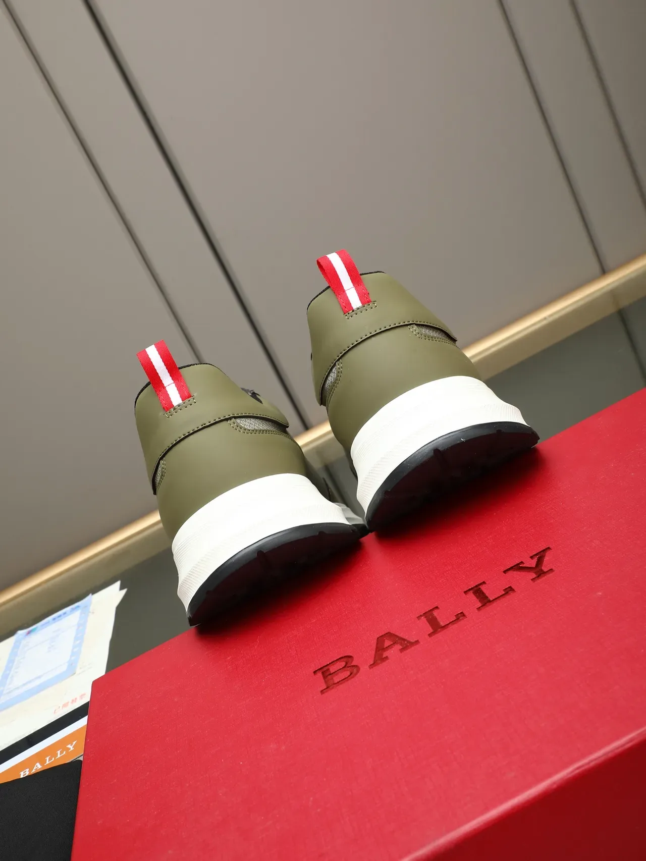 Bally Army Green Red Olive Leather-Mesh Hybrid Upper Branded Stripe Lifestyle Sneakers 3