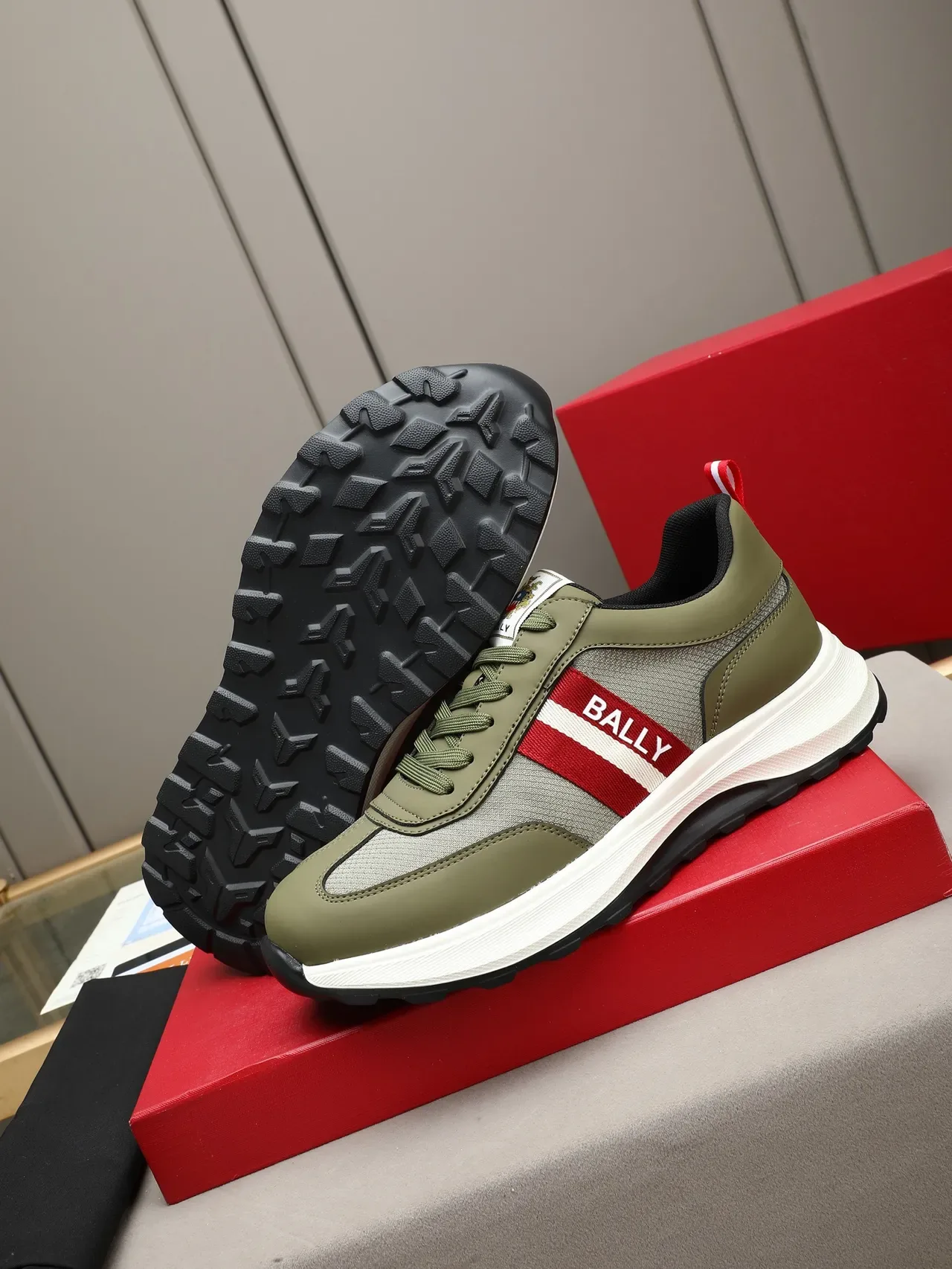 Bally Army Green Red Olive Leather-Mesh Hybrid Upper Branded Stripe Lifestyle Sneakers 4