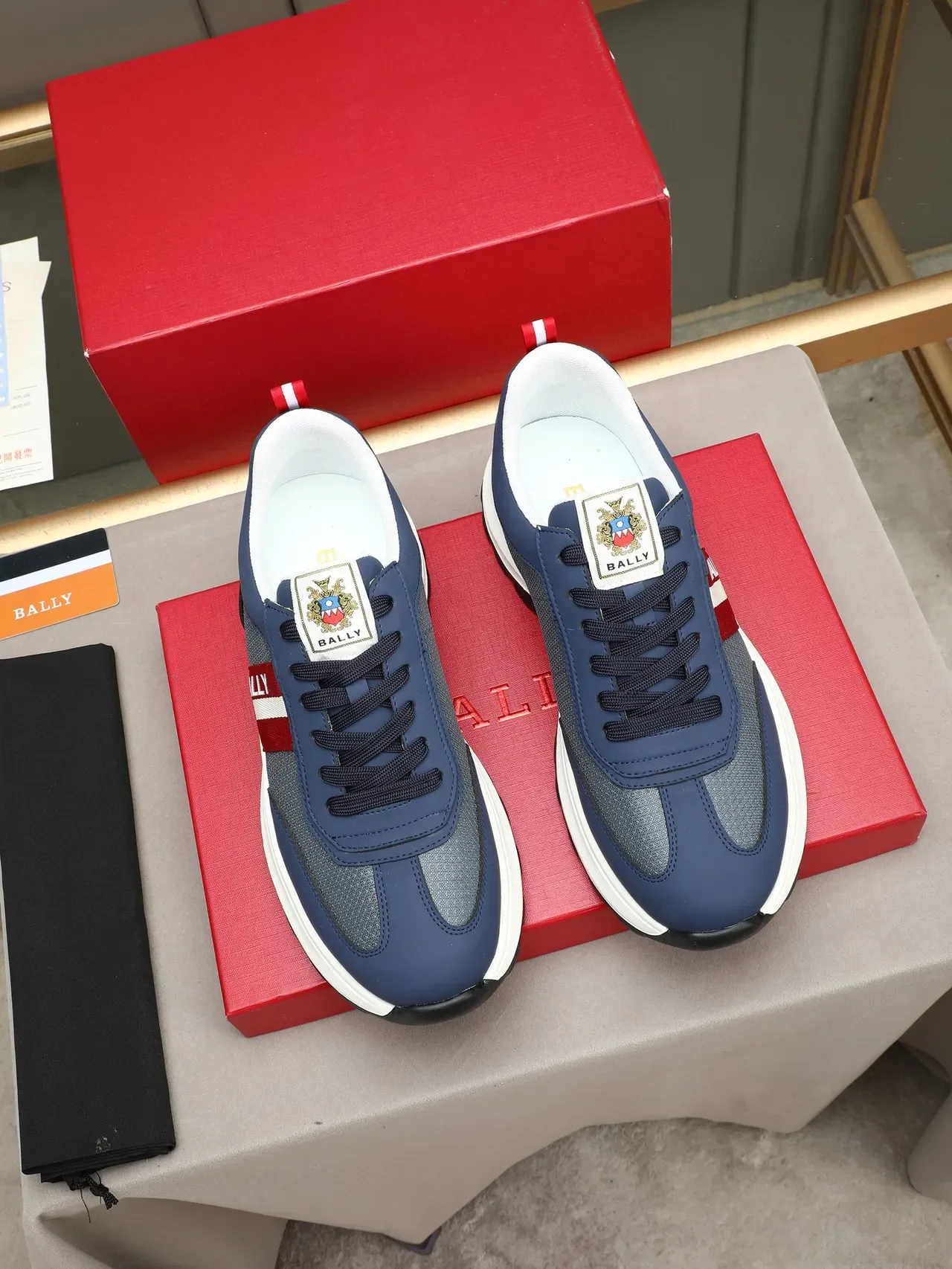 BALLY Navy Red Gray Mesh-Synthetic Upper Branded Side Stripe Sneakers 2