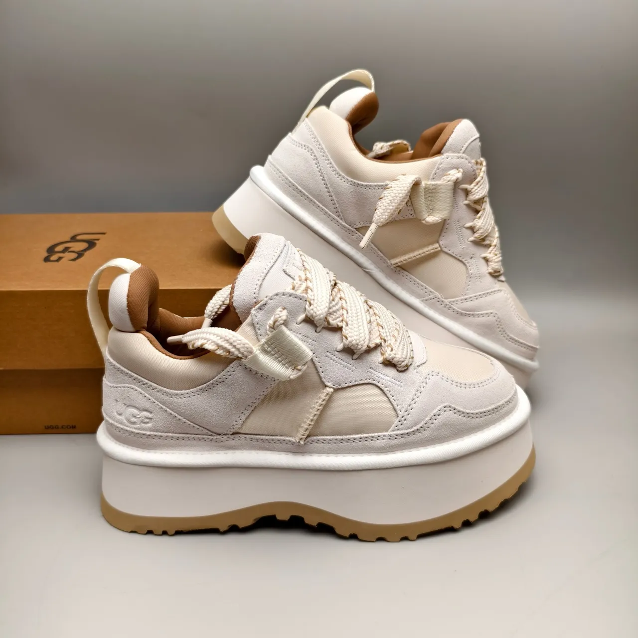 Beige Brown Platform Sole Mixed Suede-Mesh Upper Sneakers 6