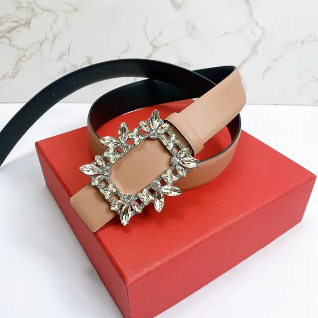 Beige Silver Narrow Strap Rectangular Crystal-Embellished Buckle Leather Belt 6