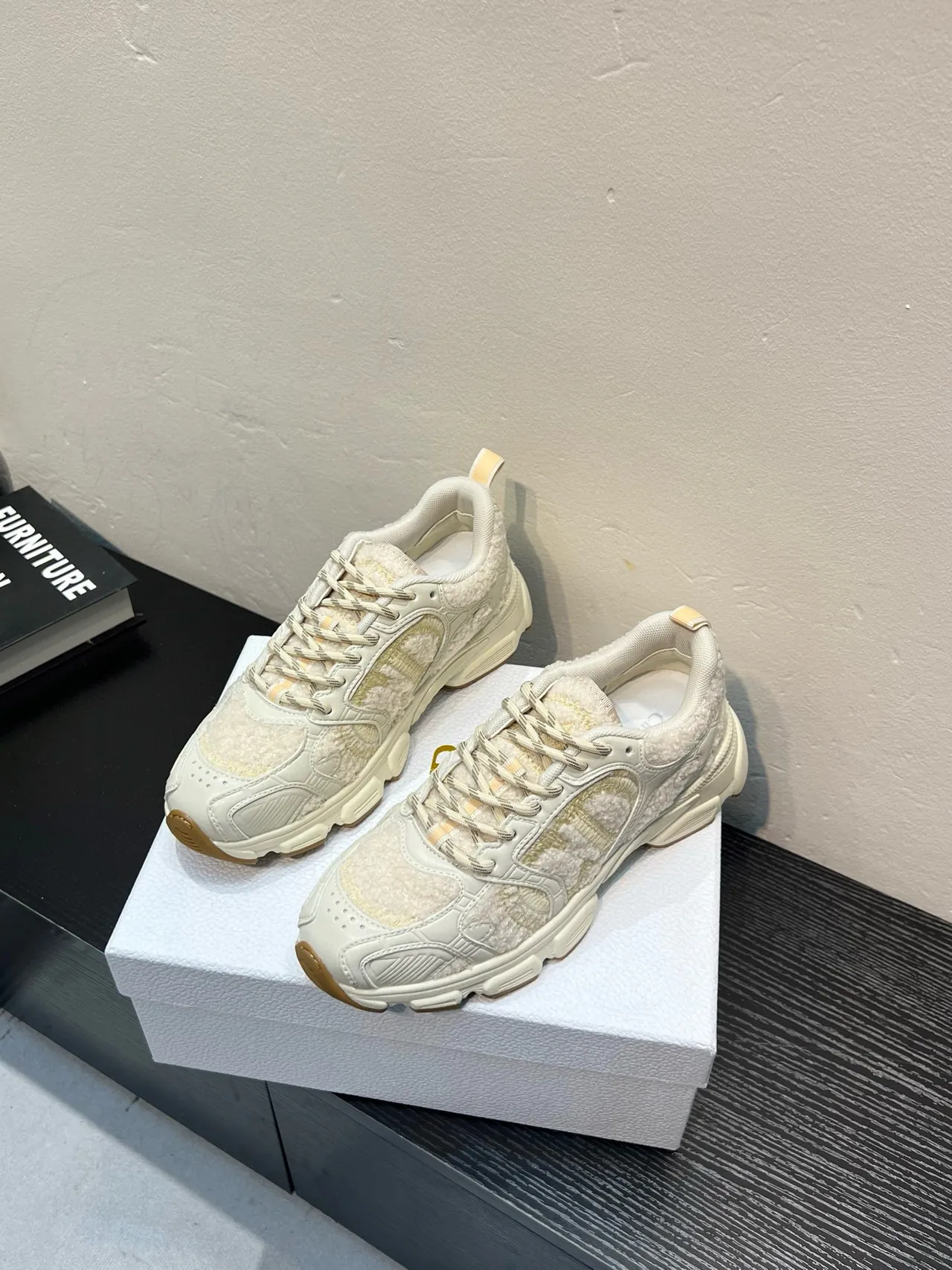 Beige White Oversized Sole Shearling-Textured Panels Chunky Sneakers 3