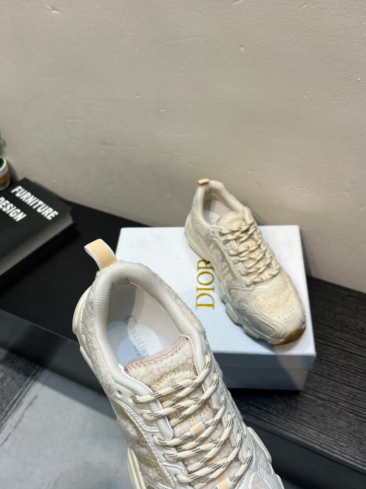Beige White Oversized Sole Shearling-Textured Panels Chunky Sneakers 7