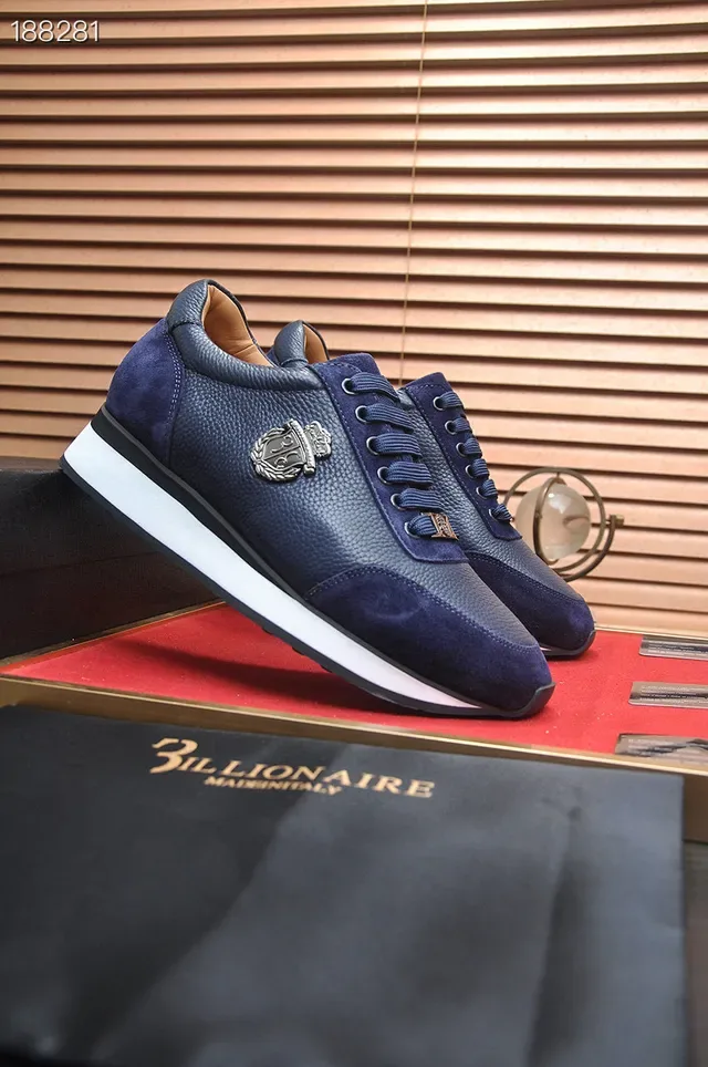 Billionaire Navy White Mixed Leather And Suede Upper Metal Shield Emblem Lifestyle Sneakers 8