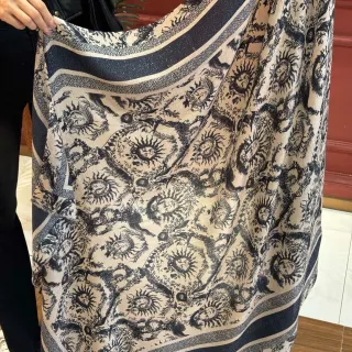 Black and Beige Sun Motif Glitter-Border Shawl