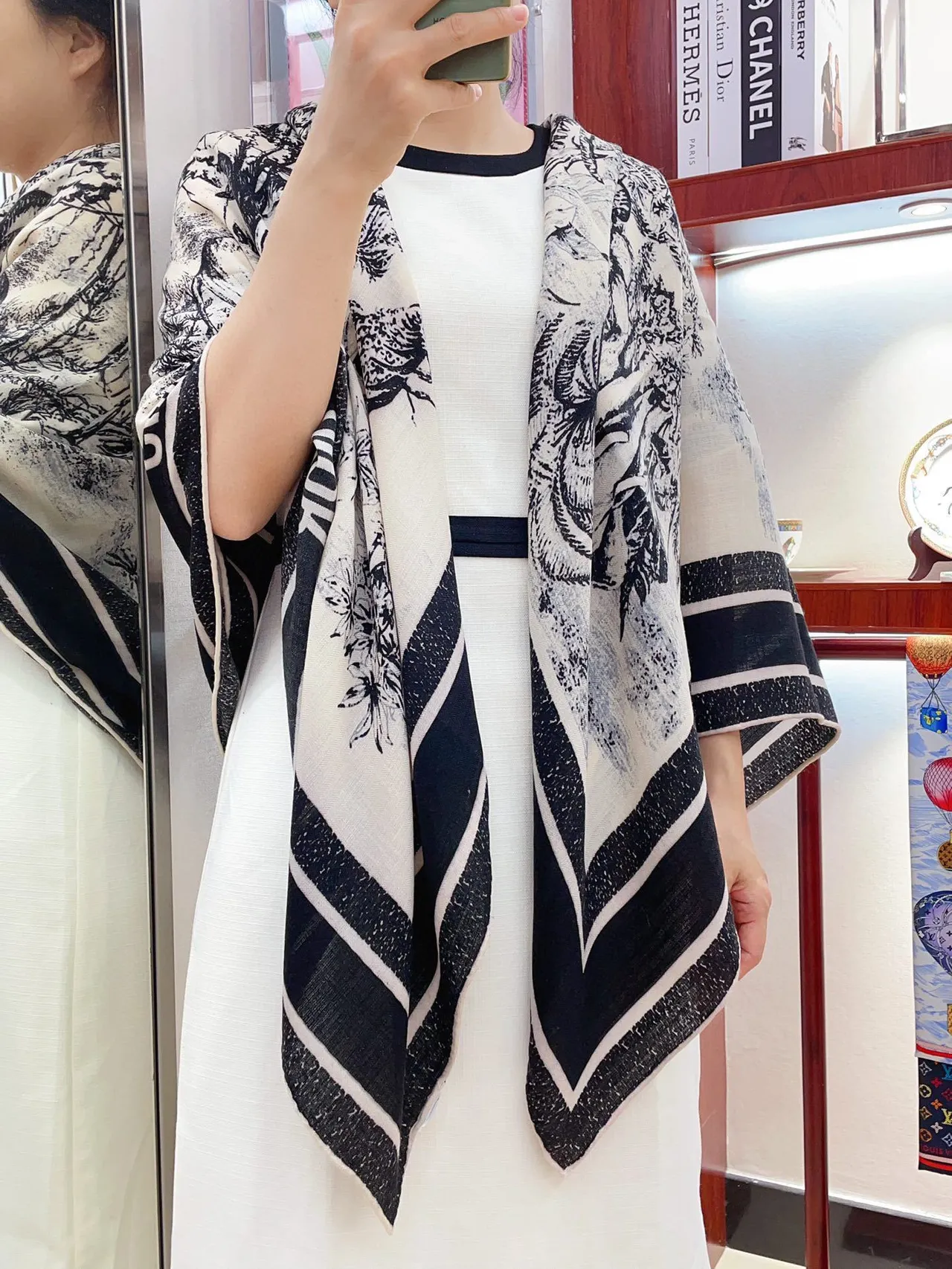 Black and White Illustrated Tiger Forest Print Silk Scarf 2