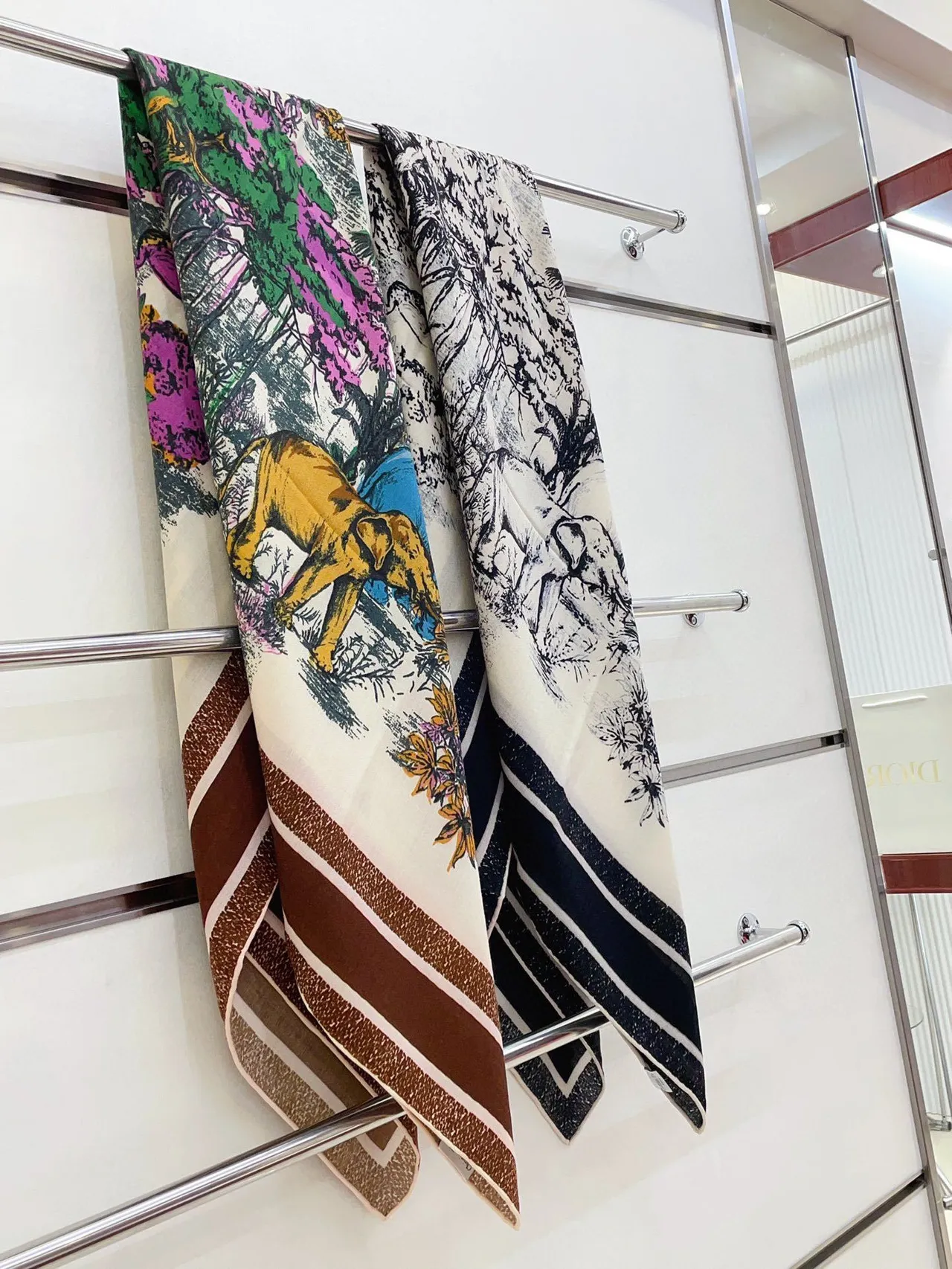 Black and White Illustrated Tiger Forest Print Silk Scarf 3