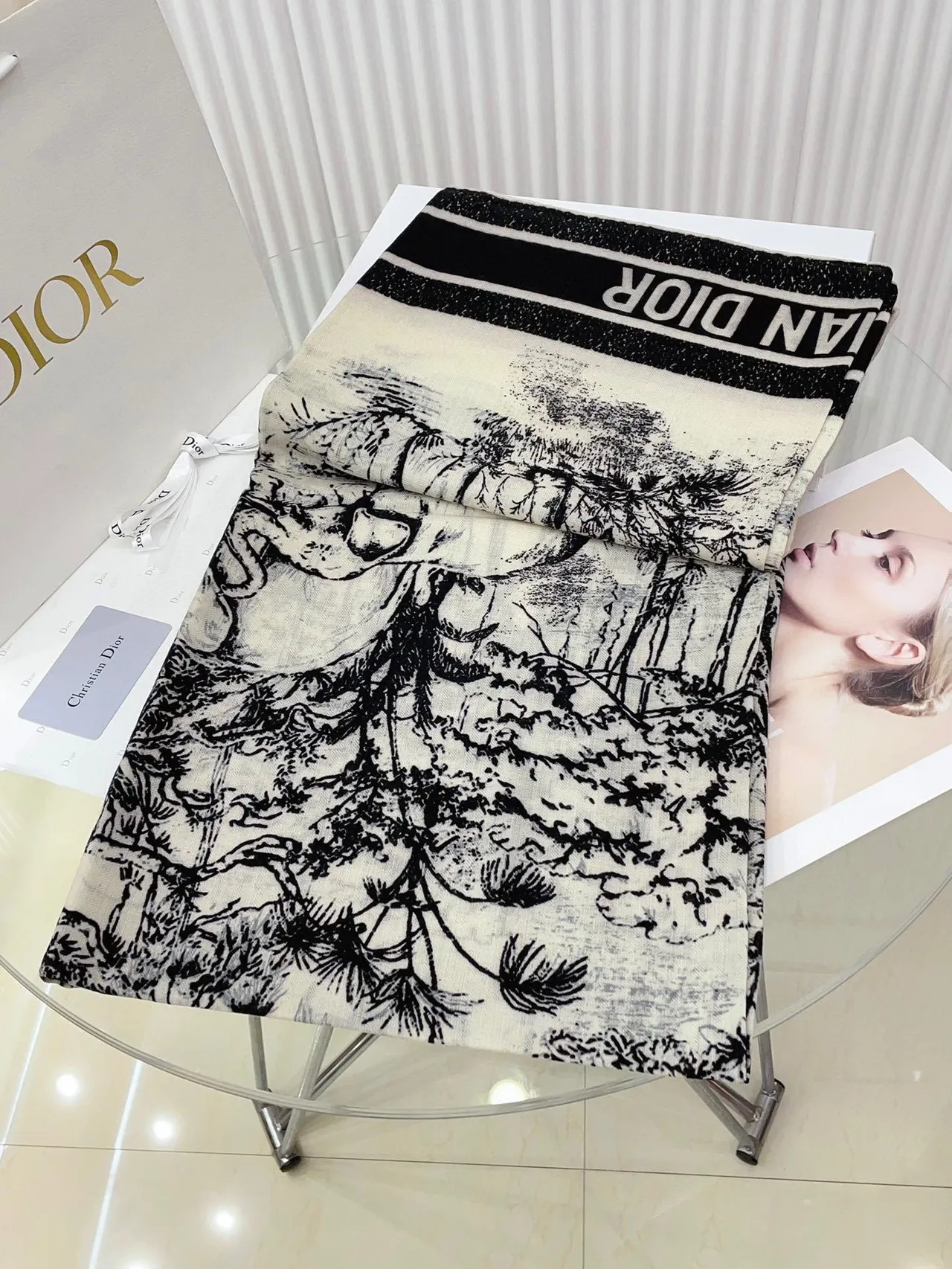 Black and White Illustrated Tiger Forest Print Silk Scarf 5