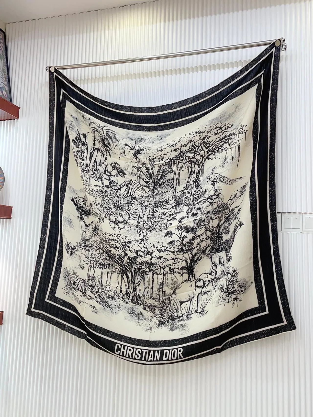 Black and White Illustrated Tiger Forest Print Silk Scarf 6