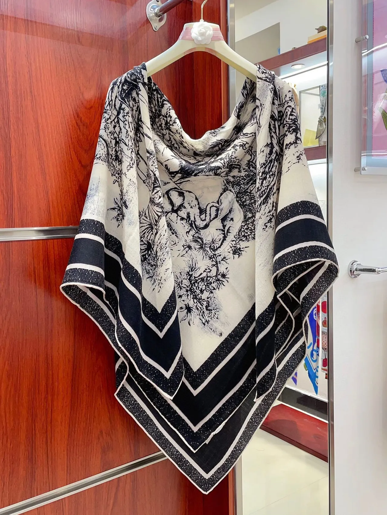 Black and White Illustrated Tiger Forest Print Silk Scarf 7