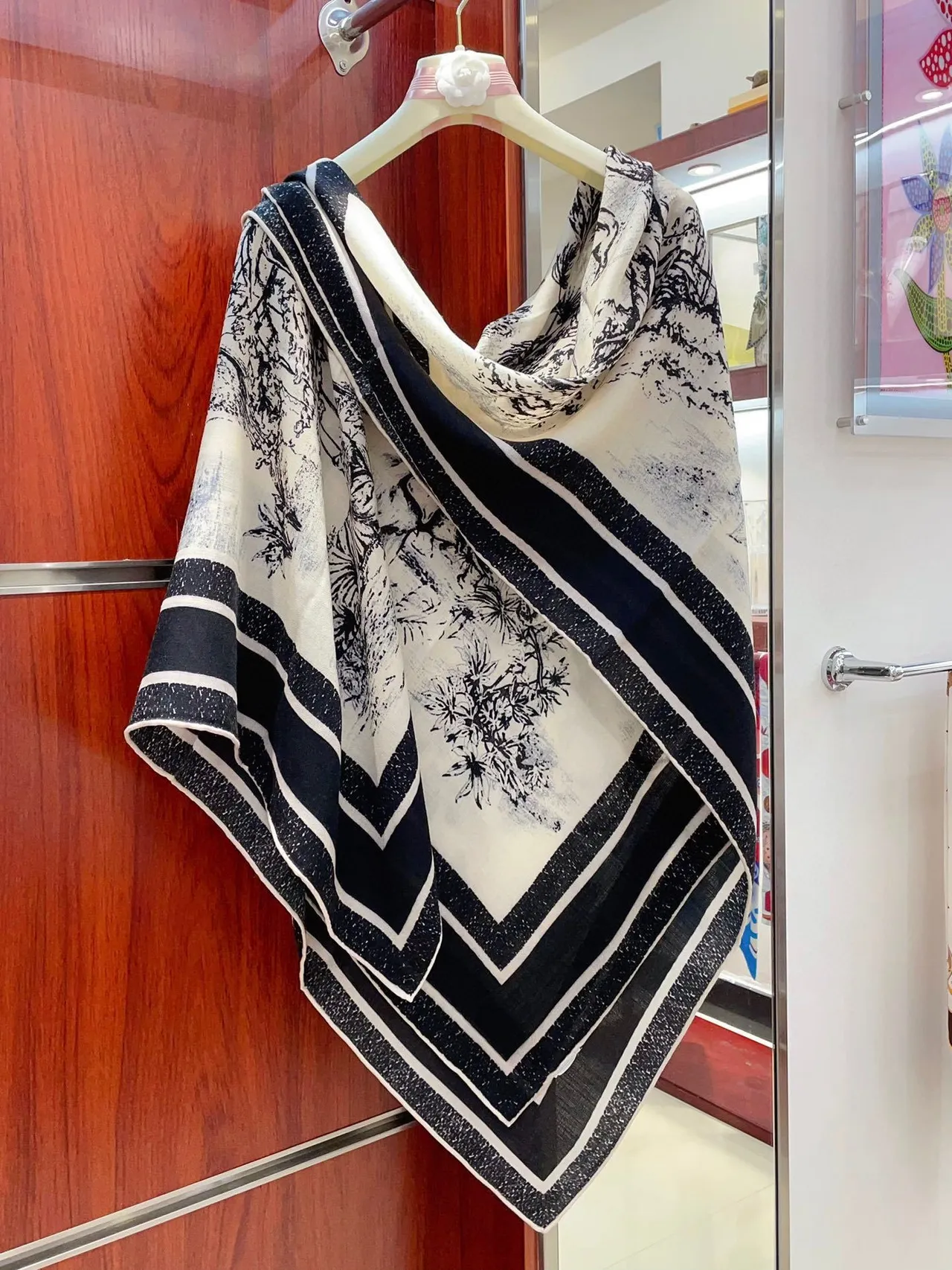 Black and White Illustrated Tiger Forest Print Silk Scarf 8