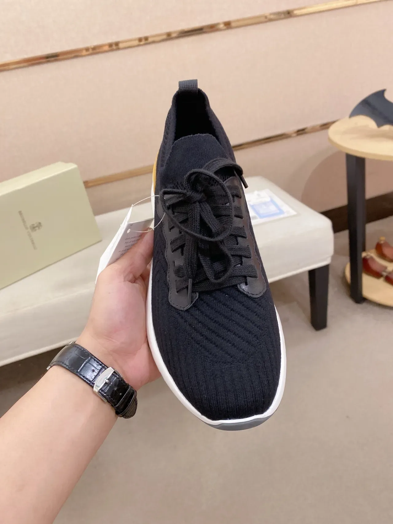 Black Beige Knit Upper Ribbed Texture Sneakers 6