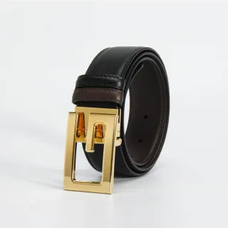 Black Brown Reversible Two-Tone Rectangular Buckle Leather Belt