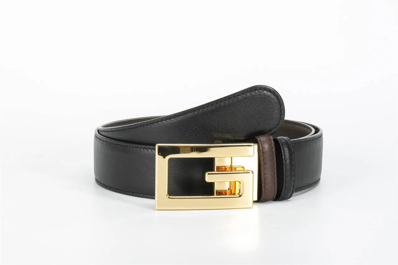 Black Brown Reversible Two-Tone Rectangular Buckle Leather Belt 4