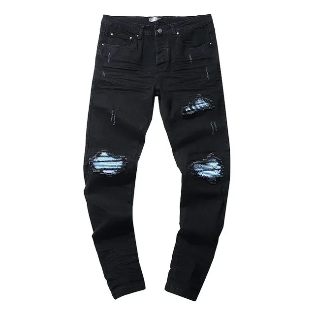 بناطيل جينز سوداء slim-fit ripped knee distressed 2
