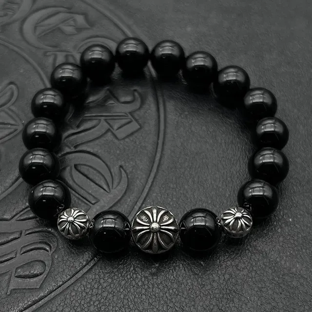 Black Gold Glossy Bead Fleur-De-Lis Pendant Bracelet 3