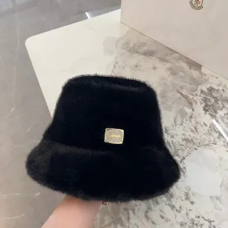 Black Gold Plush Faux Fur Crystal Plaque Bucket Hat