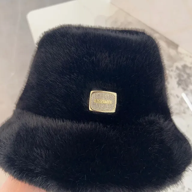 Black Gold Plush Faux Fur Crystal Plaque Bucket Hat 4