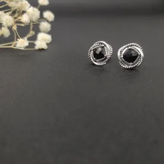 Brincos Preto Prata Pedra Facetada Cordoa Torcida Bezel