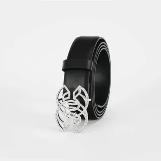 Black Silver Strap Crystal-Embellished Buckle Leather Belt