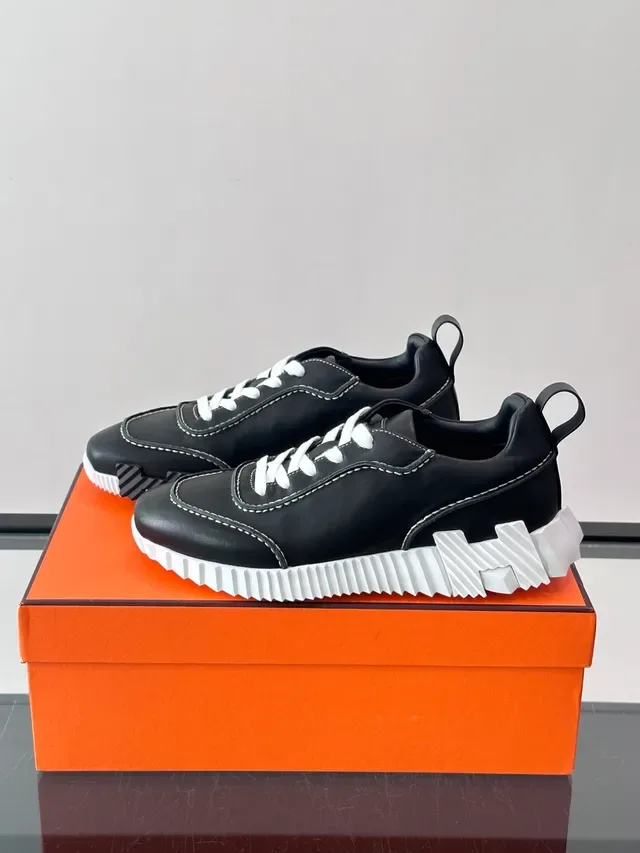 Black White Leather Upper Contrast Stitching Sneakers 5
