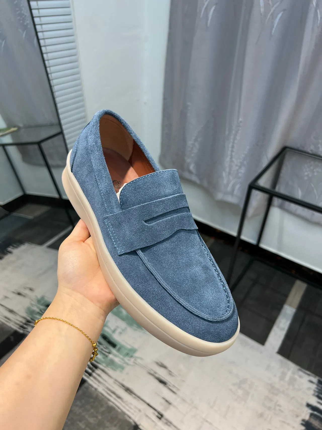 Blue Beige Suede Upper Penny Strap Loafer 4