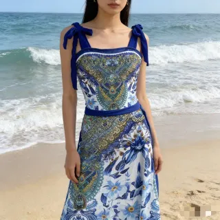 Blue Floral-Paisley Tie-Strap Casual Dress