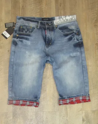 Blue Red Light-Wash Distressed Denim Rolled Cuffs Shorts 2