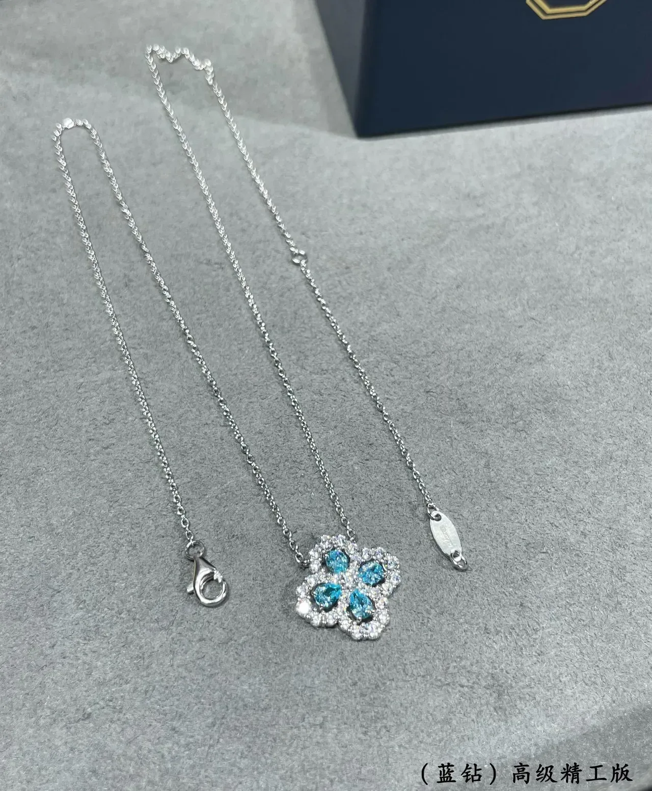 Blue Silver Four-Petal Floral Pendant Pear-Cut Stones Necklace 4