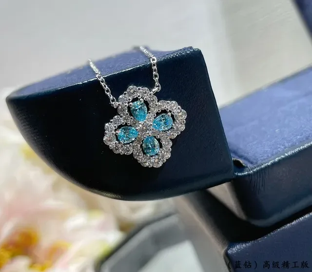 Blue Silver Four-Petal Floral Pendant Pear-Cut Stones Necklace 7