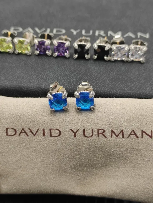 Blue Silver Square-Cut Gemstone Two-Tone Metal Setting Earrings 4