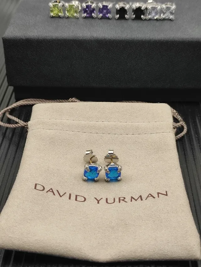 Blue Silver Square-Cut Gemstone Two-Tone Metal Setting Earrings 5