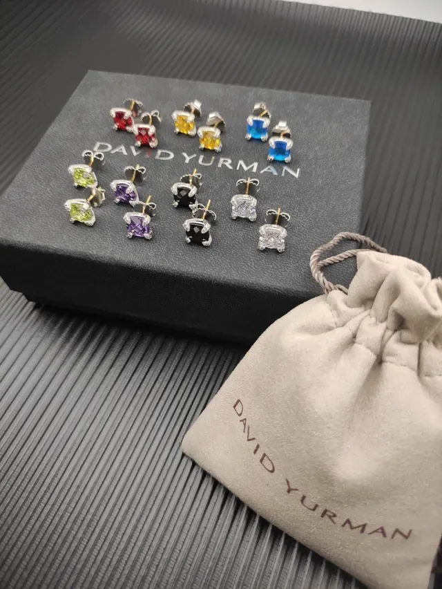 Blue Silver Square-Cut Gemstone Two-Tone Metal Setting Earrings 6