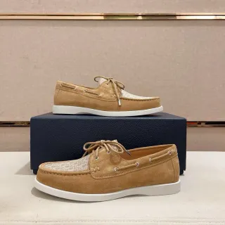 Brown Beige Suede Upper Monogrammed Toe Panel Boat Shoes
