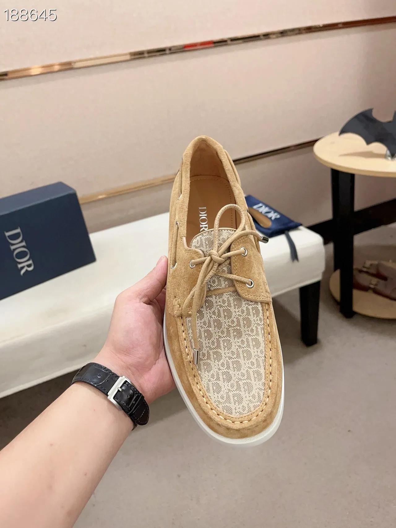 Brown Beige Suede Upper Monogrammed Toe Panel Boat Shoes 4